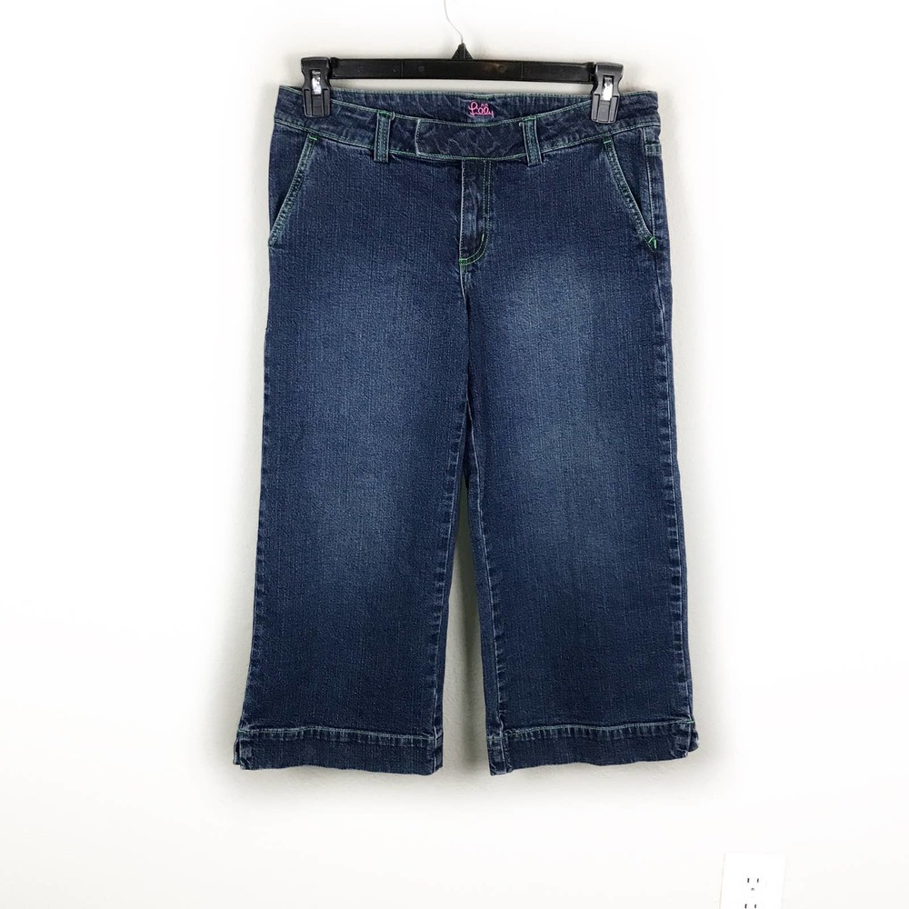 Lilly Pulitzer Wide Leg Cropped Jeans Green Stitch